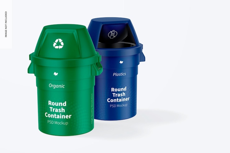 PSD maqueta de contenedores de basura redondos, perspectiva