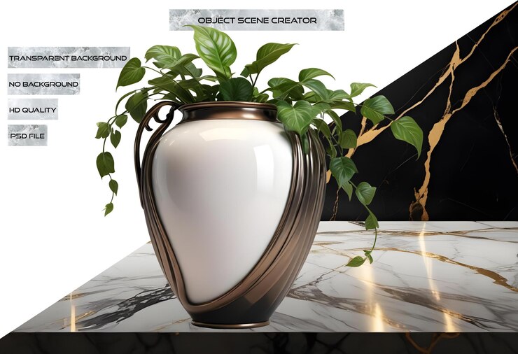 PSD maqueta del creador de la escena del objeto con un jarrón de bronce de estilo art déco con plantas verdes exuberantes