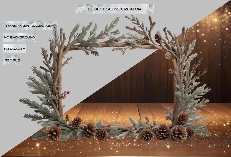 PSD maqueta de creador de escenas de objetos navideños con elementos de decoración de invierno aislados ramas de pino