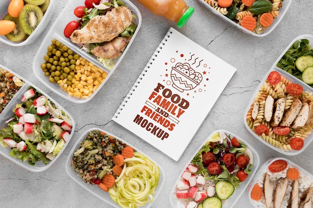 PSD maqueta de cuaderno con vista superior de alimentos