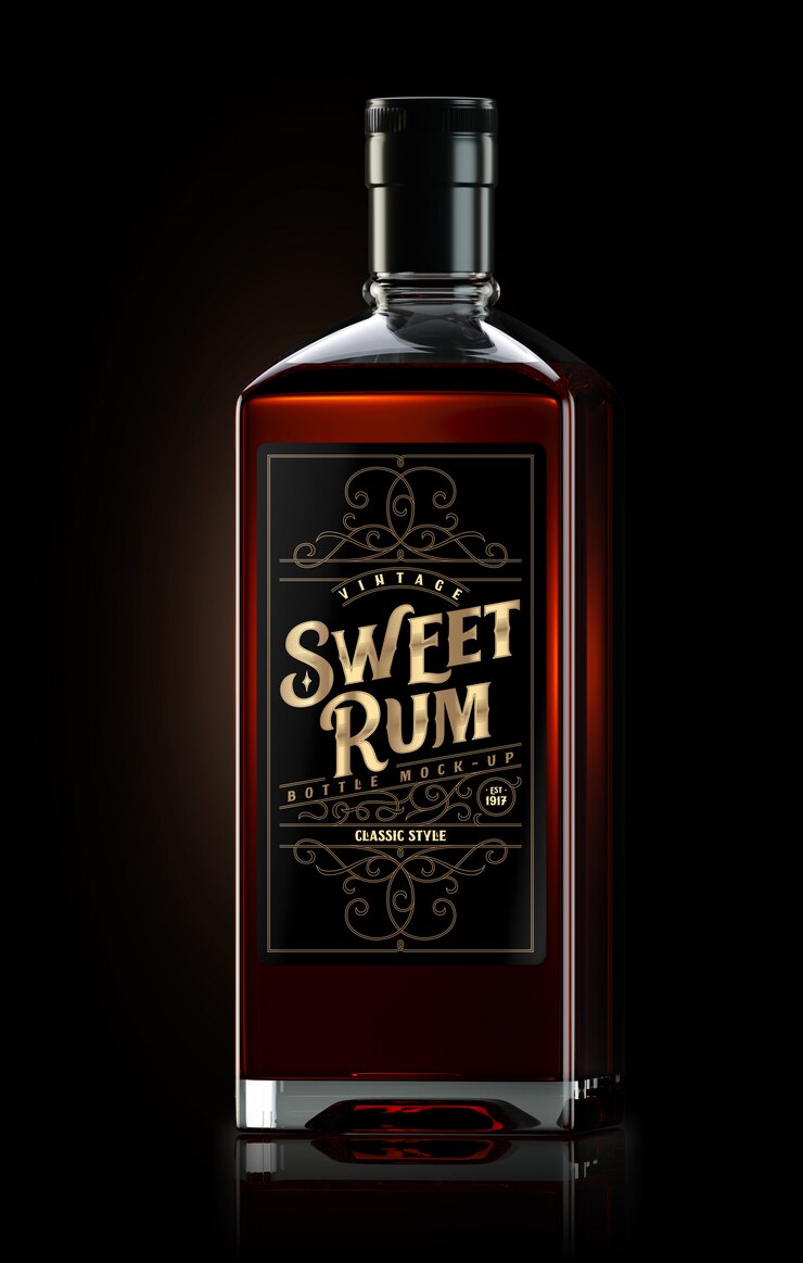 Maqueta cuadrada de botella de ron oscuro con etiqueta