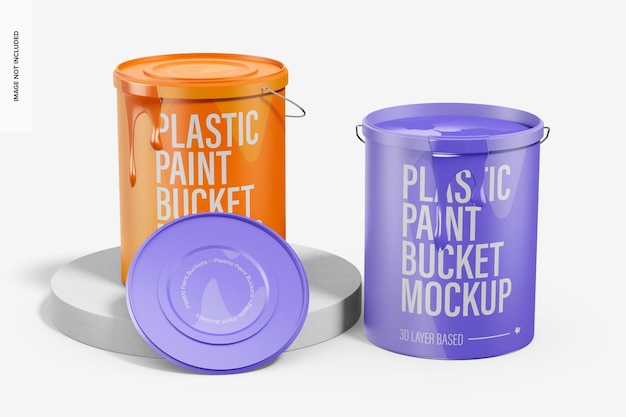 Maqueta de cubos de pintura de plástico con asa, abiertos y cerrados