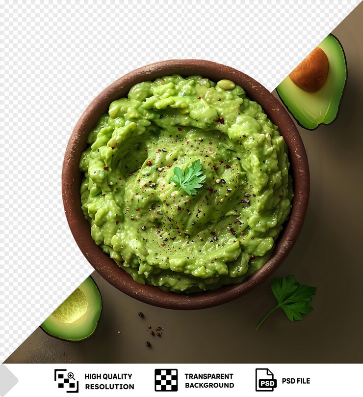 PSD maqueta de un cuenco con salsa de guacamole con aguacate entero y en rebanadas en vista superior png psd