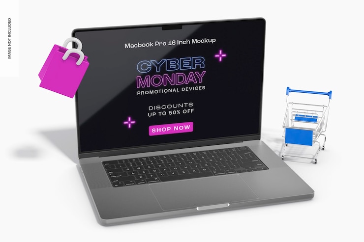 PSD maqueta de cyber monday de macbook pro de 16 pulgadas, vista de ángulo alto