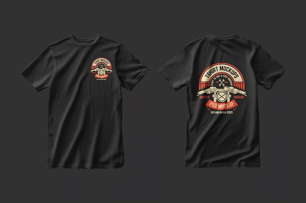 Maqueta de camiseta preta com logotipo de motocicleta retrô