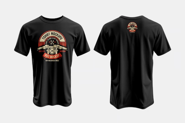 Maqueta de camiseta preta com logotipo de motocicleta retrô