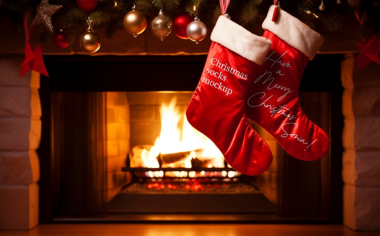 PSD maqueta de diseño de bordado en un par de calcetines rojos de navidad