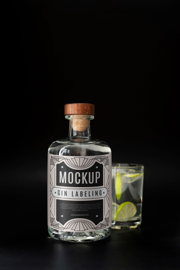 PSD maqueta de diseño de etiquetado de gin bottlle