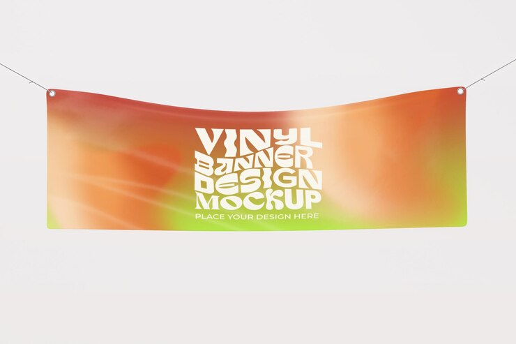 Maqueta de diseño de pancartas de vinilo renderizadas en 3D con fondo de gradiente colorido