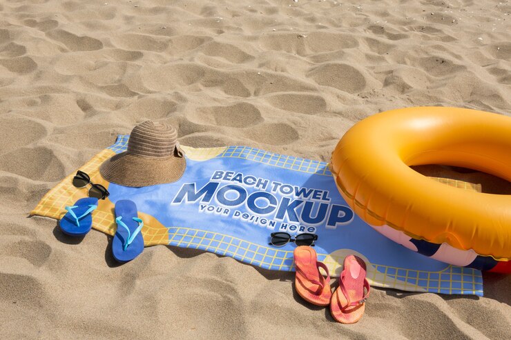 PSD maqueta de diseño de toalla de playa junto al mar