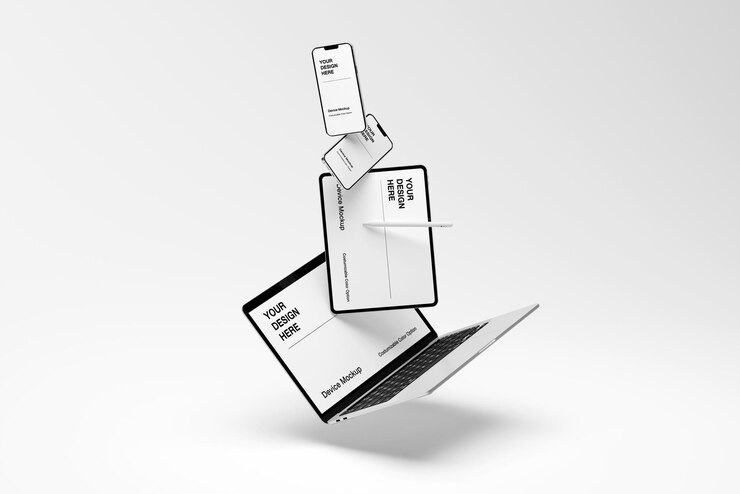 PSD maqueta de dispositivo 3d con pantalla blanca y fondo mínimo fondo y color de objeto personalizables
