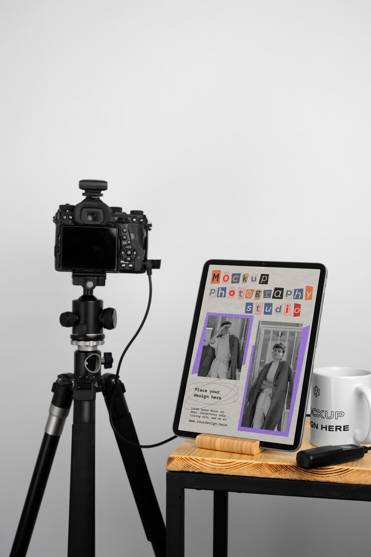 PSD maqueta de dispositivo en el estudio de fotografía