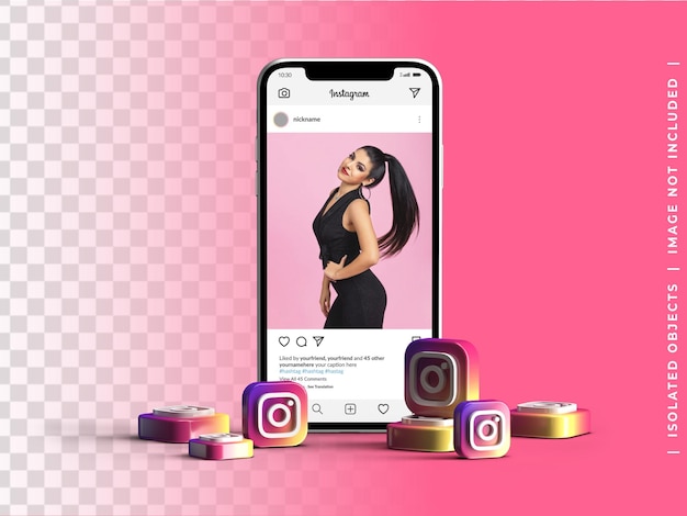 maqueta de dispositivo de pantalla de teléfono con manojo 3d iconos de logotipo de instagram concepto de redes sociales aislado