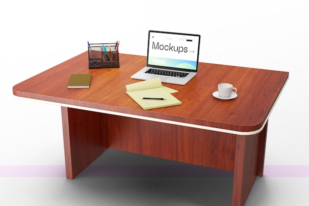 Maqueta de dispositivo portátil de pantalla en mesa con vista en perspectiva Plantilla PSD Fondo editable
