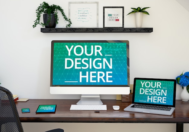 Maqueta de dispositivos receptivos en una mesa de oficina