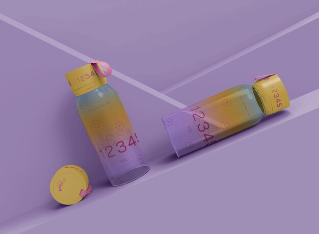 Maqueta de dos botellas deportivas en 3d sobre fondo abstracto