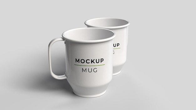 maqueta de dos tazas de metal blanco en el fondo blanco vista superior