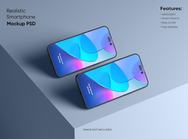 Maqueta de dos teléfonos inteligentes 14 pro max para la marca de la interfaz de usuario de la aplicación y el sitio web 2 teléfonos en la parte delantera y trasera de la representación 3D