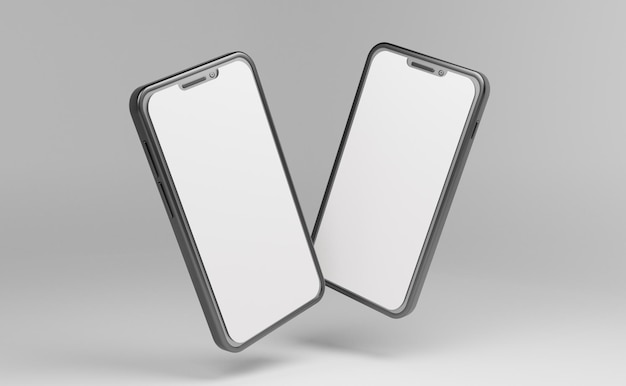 maqueta de dos teléfonos inteligentes desde la rotación frontal con archivos psd de pantalla en blanco