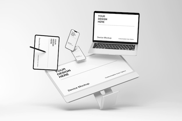 Maqueta editable de teléfono, tableta portátil y computadora con fondo de sombra minimalista