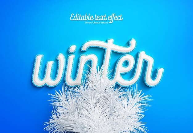 Maqueta de efecto de texto 3D blanco invierno con hojas de pino de Navidad