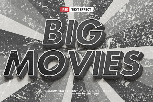 PSD maqueta de efecto de texto editable 3d en blanco y negro retro vintage de película antigua
