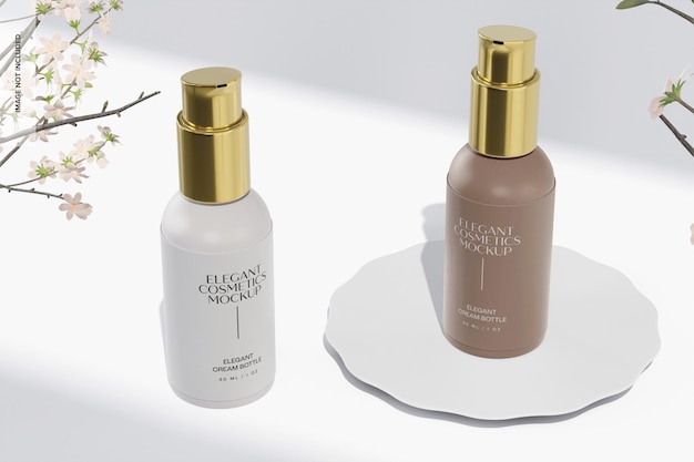 Maqueta de Elegantes Botellas de Crema, Vista Izquierda y Derecha