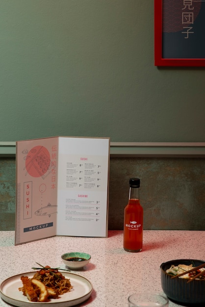 Maqueta de elementos de restaurante japonés con comida tradicional.