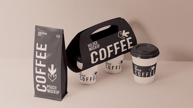 Maqueta de embalaje bolsa de café y taza con soporte psd