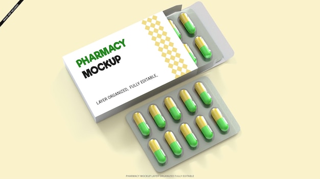 PSD maqueta de embalaje y marca de caja de farmacia plantillas