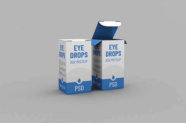 Maqueta de empaque de caja abierta pequeña para publicidad de botellas de gotas para los ojos sobre fondo limpio