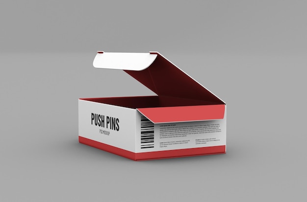 Maqueta de empaque de caja de chinchetas abierta pequeña para publicidad de marca sobre fondo limpio