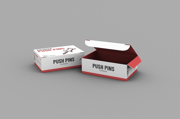 PSD maqueta de empaque de caja de chinchetas abierta pequeña para publicidad de marca sobre fondo limpio