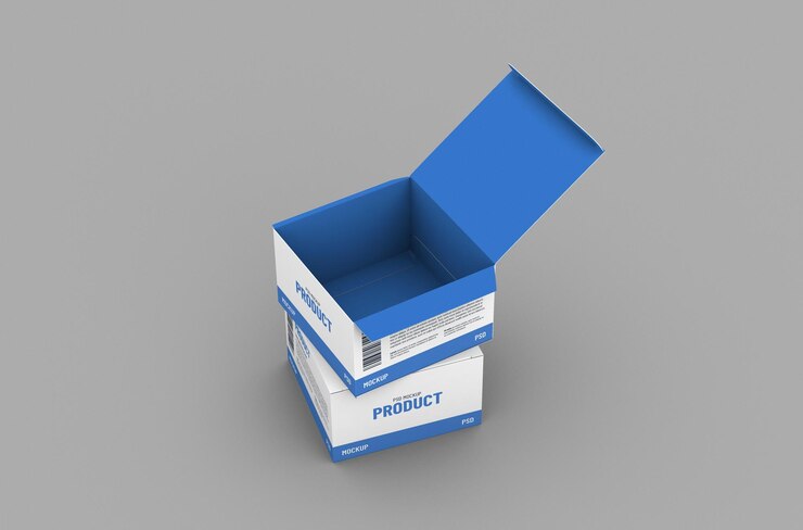 Maqueta de empaque de caja de producto cuadrada abierta para publicidad de marca en un fondo limpio