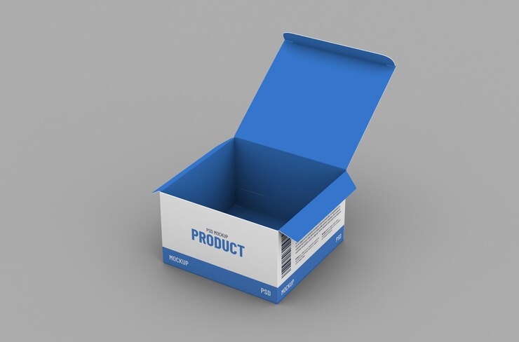 Maqueta de empaque de caja de producto cuadrada abierta para publicidad de marca en un fondo limpio