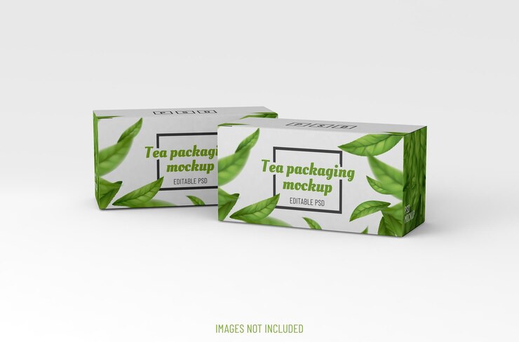 Maqueta de empaque de caja realista para publicidad de té sobre fondo limpio