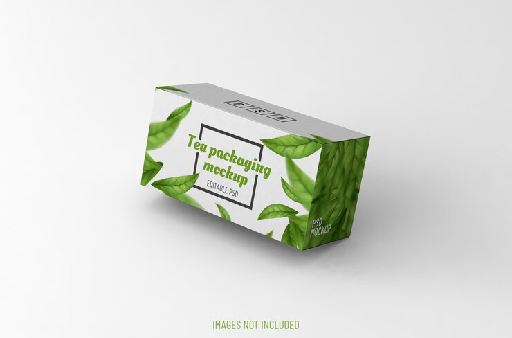 Maqueta de empaque de caja realista para publicidad de té sobre fondo limpio