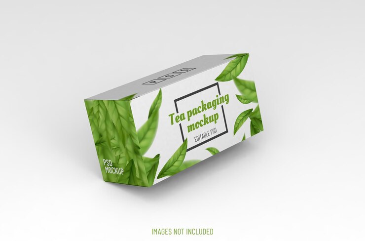 Maqueta de empaque de caja realista para publicidad de té sobre fondo limpio