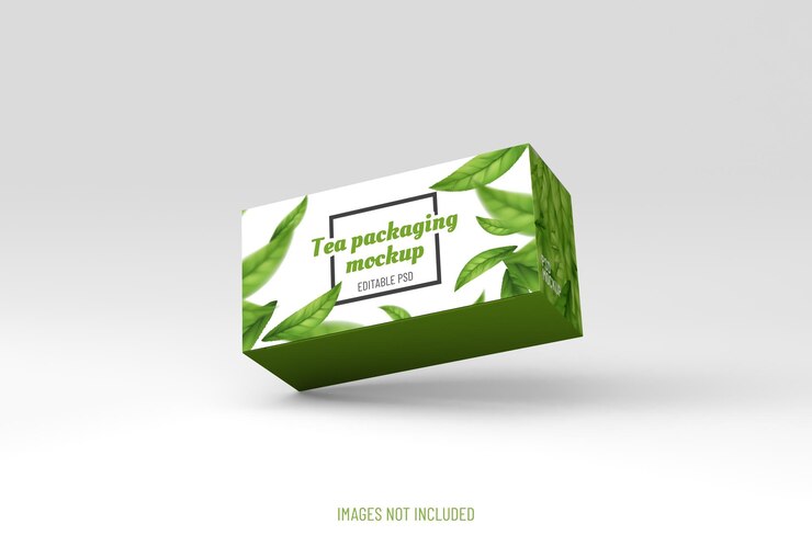 Maqueta de empaque de caja realista para publicidad de té sobre fondo limpio