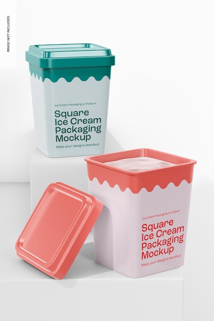 Maqueta de Empaque de Helado Cuadrado, Abierto y Cerrado