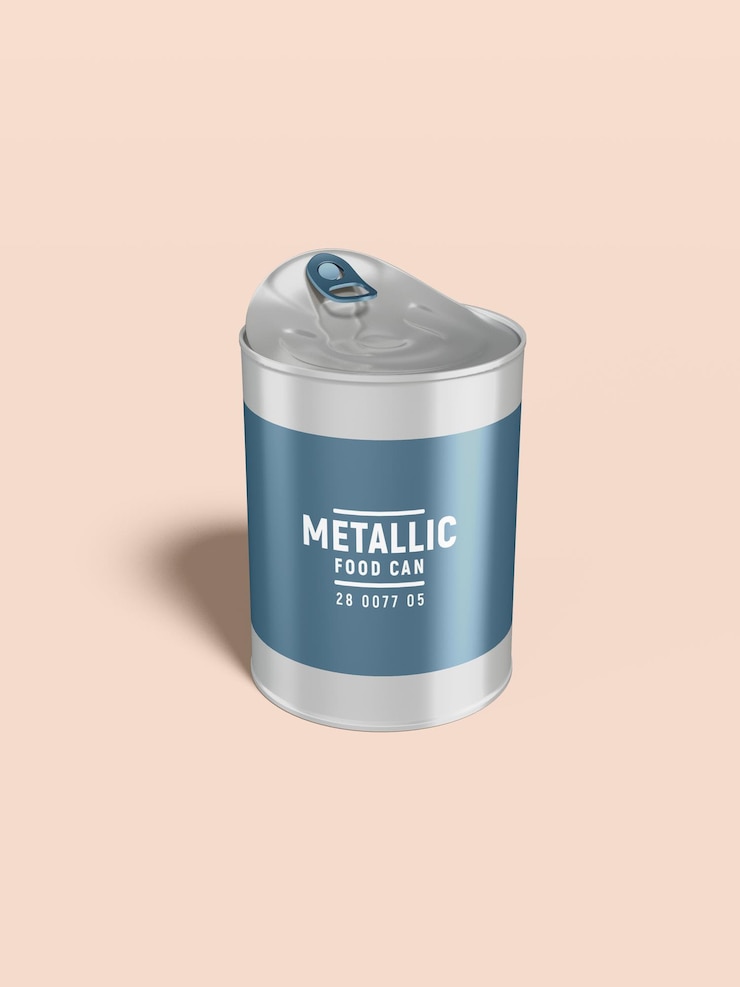 PSD maqueta de empaque de lata de comida de metal brillante