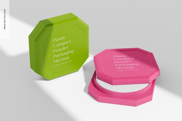 Maqueta de empaque de polvo compacto de plástico, abierto y cerrado