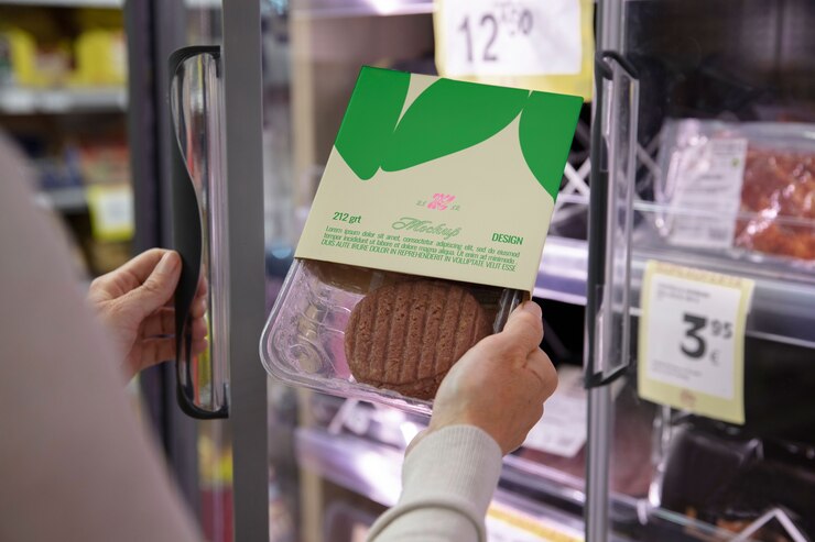 PSD maqueta de envasado de alimentos veganos en un supermercado