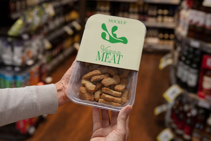 PSD maqueta de envasado de alimentos veganos en un supermercado