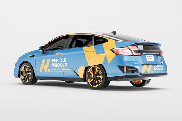 Maqueta de envoltura de automóvil eléctrico renderizada en 3D hacia atrás y vista en perspectiva izquierda