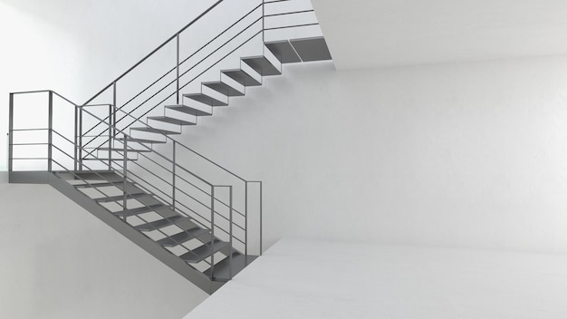 Maqueta de escalera con barandillas negras de metal Ilustración 3D en una habitación interior blanca
