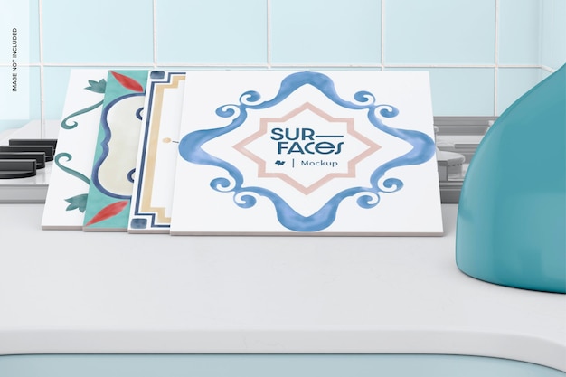 Maqueta de escena de azulejos de cerámica de cocina, inclinada
