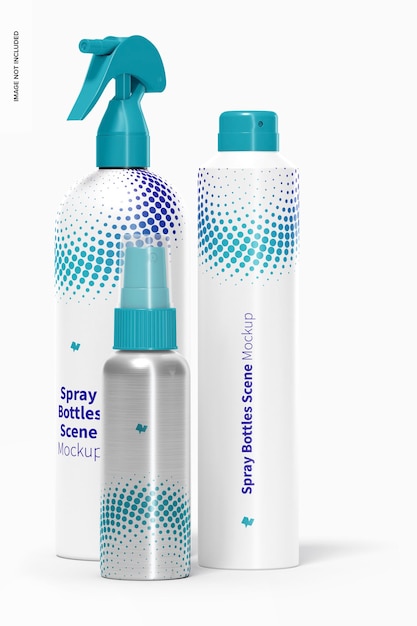 PSD maqueta de escena de botellas de spray, vista frontal