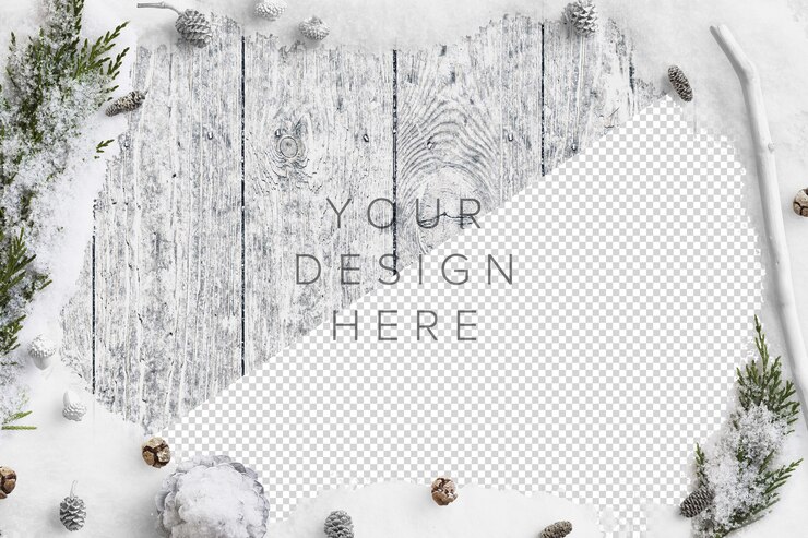 PSD maqueta de escena de naturaleza de invierno frío con nieve, ramas de abeto, piñas y bellotas