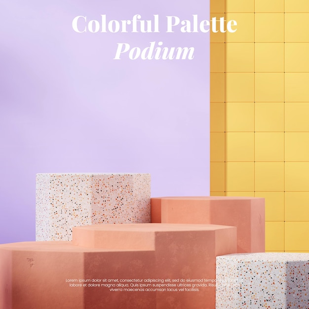 Maqueta de escena de renderizado 3D en rosa pastel y podio de terrazzo en pared cuadrada púrpura y amarilla